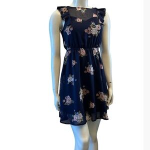 Monteau Dark Blue Floral Ruffle Mini Dress